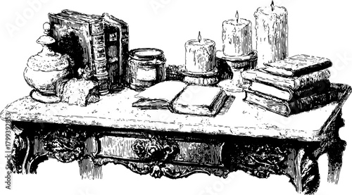 Antique engravings of a set featuring books and candles. A detailed black outline vector illustration capturing vintage decor elements in a classic interior.