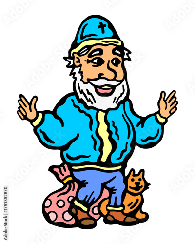 Good Saint Nicholas the Wonderworker, with raised arms, in a dress and with a bag of gifts and a red cat. Vector illustration color on a white isolated background