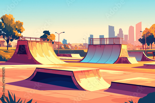 Urban skate park with different ramps, vector illustration