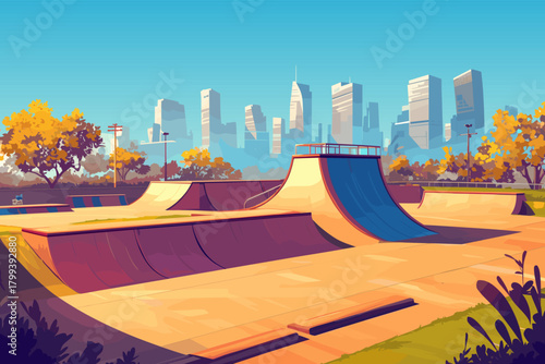 Urban skate park with different ramps, vector illustration