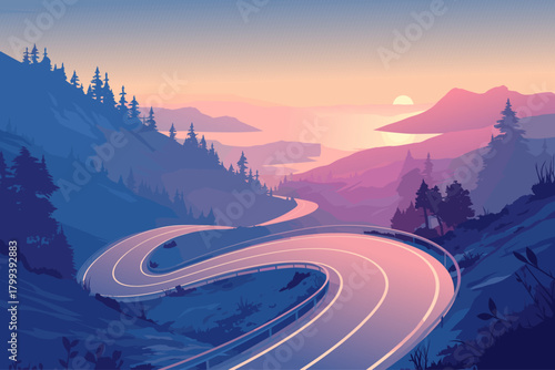 Cartoon mountain road leading to the sea at sunset, vector illustration