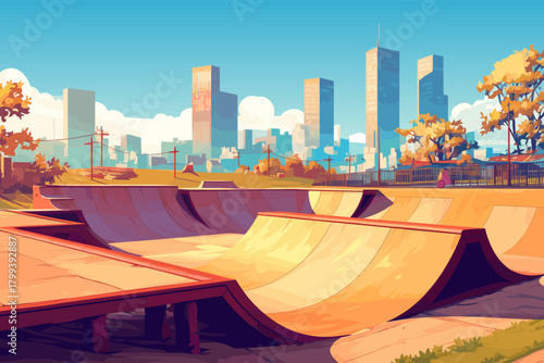 Urban skate park with different ramps, vector illustration