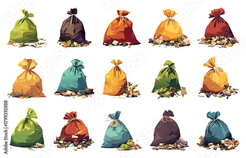 A set of garbage bags of different colors with various trash around them, vector illustration