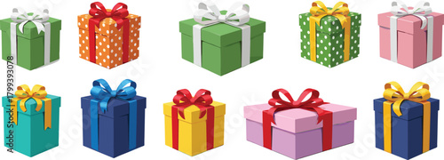 Collection of colorful wrapped gift boxes with ribbons and bows, perfect for holiday celebrations, birthdays, festive designs, party graphics, and illustrations