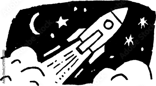 Rocket silhouette launching into space with stars and moon in the background. Simple black vector illustration.
