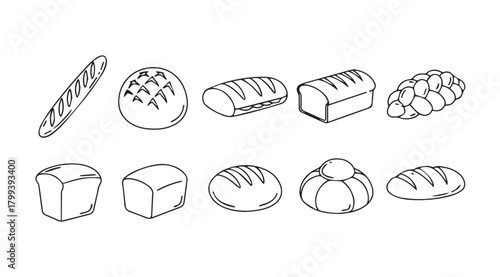 Collection of various bread types depicted in a charming hand drawn silhouette style
