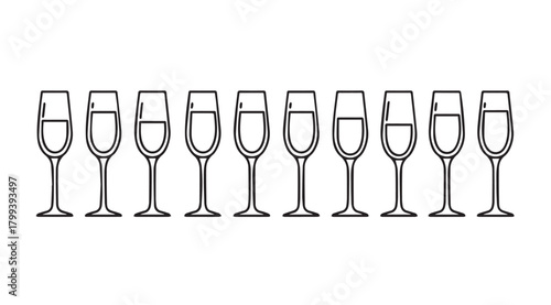 A row of champagne flutes with varying levels of liquid silhouette