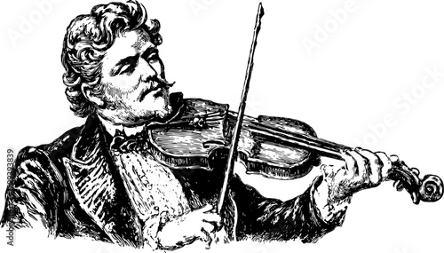 Vintage illustration of a man playing the violin. Detailed musician portrayal in black and white vector art set.