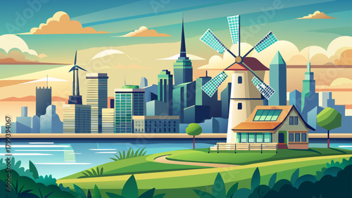 Very beautiful windmill in Bayonne, New Jersey, standing near the waterfront with a distant hazy view of downtown Manhattan’s skyline, blending clean energy elements with a tranquil urban horizon.