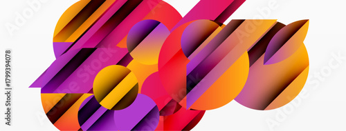 Abstract composition featuring vibrant circles, stripes. Gradient colors blend, creating dynamic visual effect. Modern design elements present.