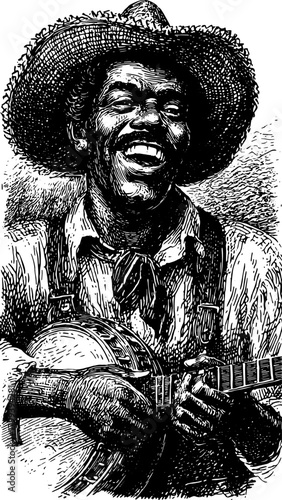 Engraving of a joyful musician playing a banjo outdoors. Vintage hand-drawn illustration with black outlines, a cultural heritage vector set.