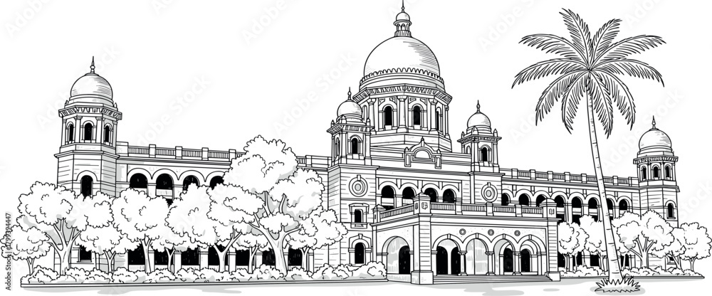 Obraz premium Elegant vector illustration of a magnificent historical building featuring grand domes, intricate columns, and lush surrounding trees, capturing classic architecture