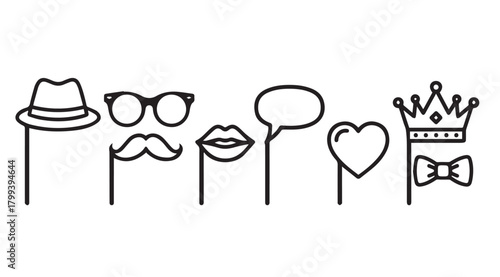 Collection of fun party props for photos including a hat glasses mustache lips and crown silhouette