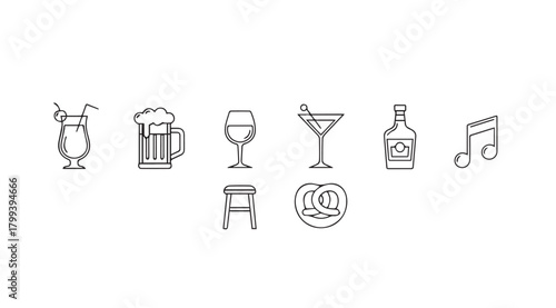Collection of beverage and music icons in a simple silhouette style
