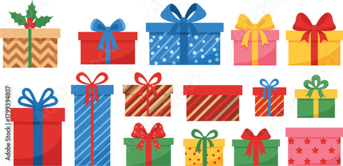 Colorful Christmas gift boxes with bows and ribbons, festive wrapped presents illustration set for holiday decoration, winter celebration elements
