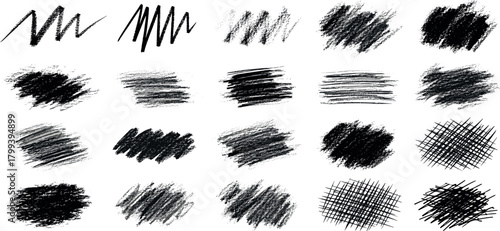 Collection of chaotic hand-drawn scribble textures and messy pencil sketch marks. Set of isolated black abstract doodle elements and hatching lines