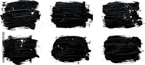Collection of six abstract black paint brush strokes with a thick grunge texture, hand-painted elements isolated on a white background for design