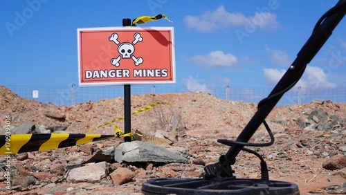 Foto Metal detector head scanning barren ground near a danger mines sign, symbolizing
