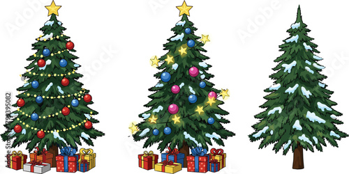 Beautiful decorated Christmas trees with ornaments, lights, snow, and gifts, festive winter holiday illustration for celebration design and seasonal decoration