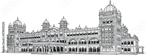 Magnificent architectural line art capturing the grandeur of a stately historic building, showcasing intricate domes, turrets, and elegant classical design in monochrome detail