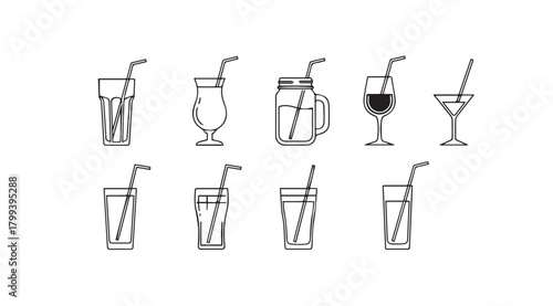 Collection of hand drawn cocktail and drink glass silhouettes with straws