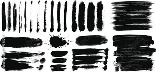 Abstract Black Brush Stroke Set Grunge Paint Splatter Textures