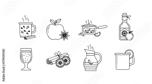 Collection of hand drawn beverage and food ingredient silhouettes