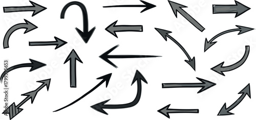Versatile collection of hand-drawn arrows pointing in multiple directions, embodying the concept of flow, movement, and critical guidance for modern design projects