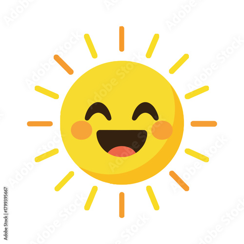 A cute and cheerful cartoon sun icon with a happy smiling face expressing a positive emotion concept