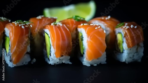 Fresh sushi rolls with salmon and avocado on dark background