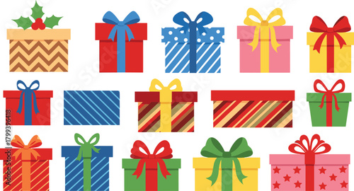 Colorful Christmas gift boxes with ribbons, bows, patterns, and holiday decorations, festive present illustrations for seasonal celebration, winter design elements