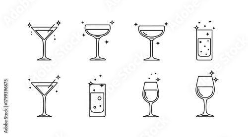 Collection of eight different cocktail glasses in a simple line art silhouette