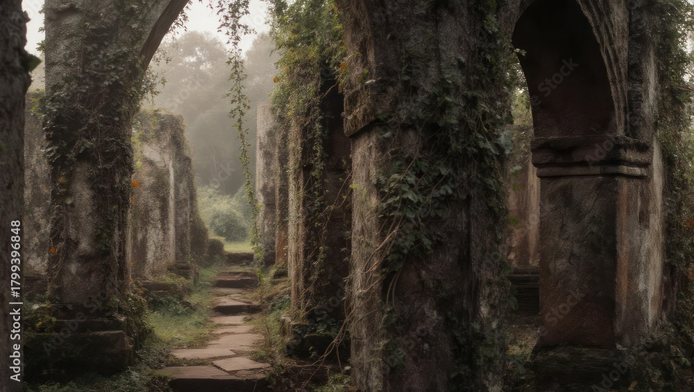 Obraz premium Ancient Stone Ruins Covered in Lush Green Moss and Vines in a Misty Forest.