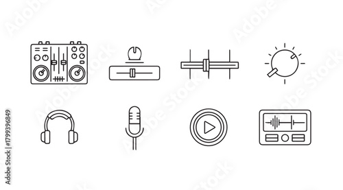 Collection of hand drawn music production and audio equipment icons silhouette
