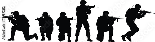 Silhouettes of tactical soldiers aiming rifles in combat stances, military team in action poses, armed forces illustration for security and defense themes