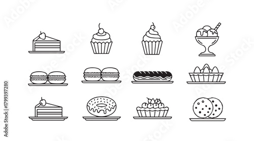 Collection of delicious dessert icons in a simple silhouette style