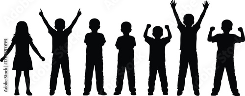 Silhouettes of children standing and posing in playful positions, group of kids expressing joy, energy, creativity, childhood activity, teamwork, happiness