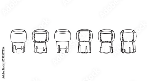 Six identical cylindrical objects with distinct top and bottom sections in silhouette