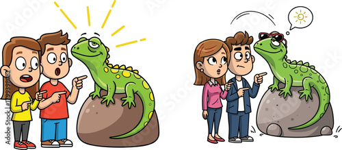 Cartoon children and adults observing a friendly green lizard on a rock, humorous comparison scene featuring curious people interacting with reptile outdoors