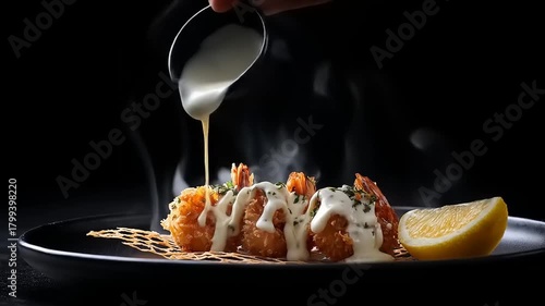 Gourmet dish with shrimp and sauce against a dark background food photography