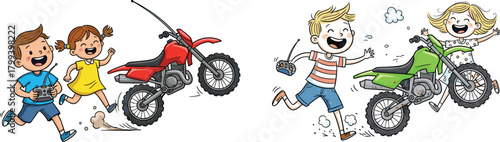 Cartoon children joyfully playing with remote control motorbikes, energetic kids racing toy dirt bikes in fun outdoor activity illustration artwork
