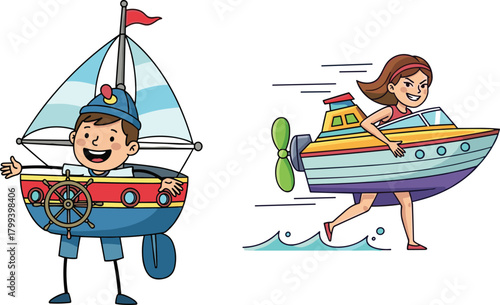Cheerful cartoon children dressed as colorful boats, playful kids pretending to sail and speed across water in creative nautical themed illustration artwork
