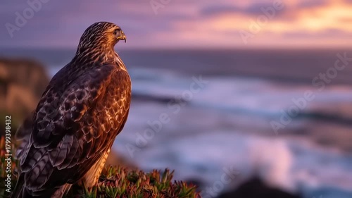 Hawk perched on cliffside observing ocean under soft sunset hues