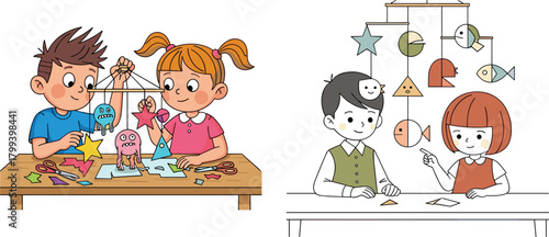 Children creating colorful craft projects together at a table, engaging in creative arts activities, learning, teamwork, imagination, and playful handmade designs