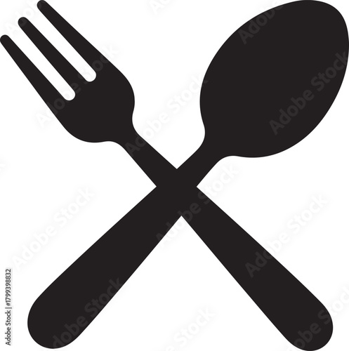 Crossed fork and spoon vector icon silhouette for restaurant menu or food service application