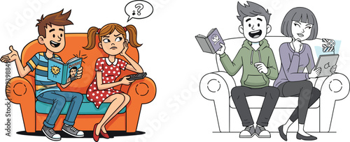Funny cartoon couples sitting on couch reading books and watching movies, showing different interests, humorous relationship illustration for lifestyle concepts