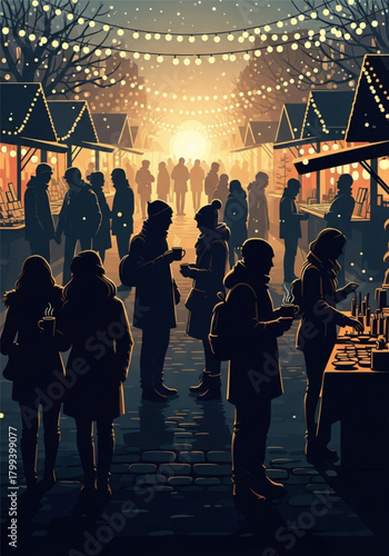 Silhouetted crowd of people enjoying a festive outdoor night market.