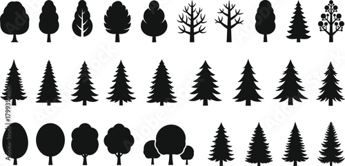 Tree silhouettes collection, diverse forest icons, natural woodland shapes, botanical illustration set, evergreen and deciduous tree symbols for design and decoration