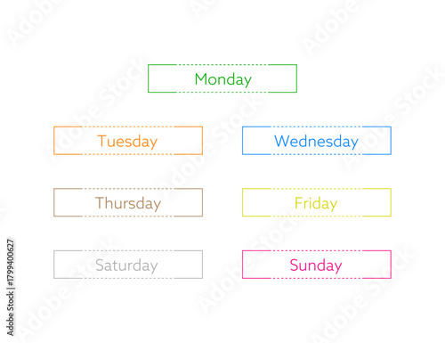 破線を使ったシンプルな各曜日のイラスト 英語版 アルファベット
