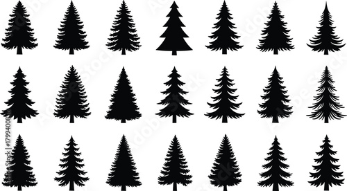 Pine tree silhouettes, evergreen forest icons, black conifer shapes, winter holiday design elements, isolated fir tree vector illustrations for decoration